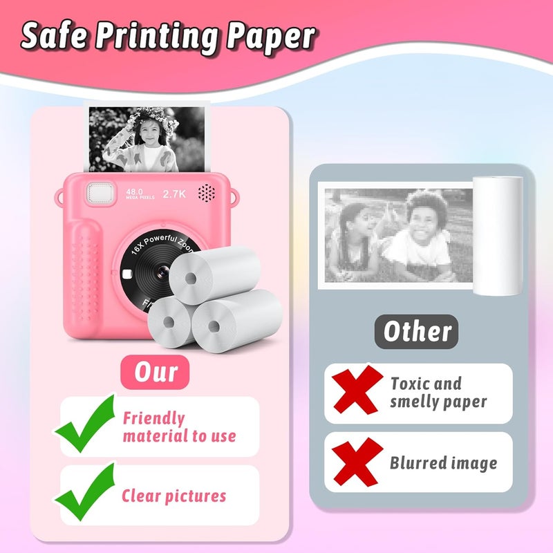 GREENKINDER Kids Camera Instant Print, Christmas Birthday Gifts for Girls Boys Age 3-12，HD Selfie Kids Digital Camera, Portable Travel Toy for 3 4 5 6 7 8 9 10 Year Old Girls (Pink) - Image 5